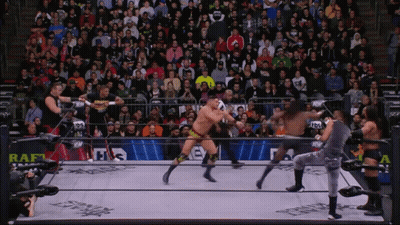 A Group Of Wrestlers Are Fighting In A Ring With The Word Raft On The Side GIF