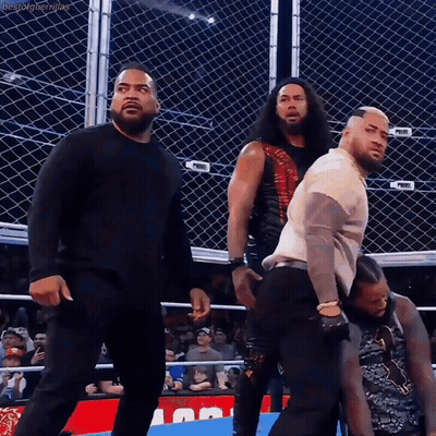 A Group Of Wrestlers Are Standing In A Ring With A Fence In The Background And The Hashtag Bestbigbrotherjoe GIF