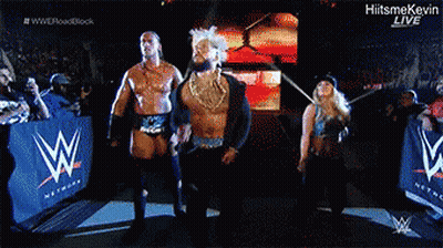 A Group Of Wrestlers Standing In Front Of A Wwe Sign GIF
