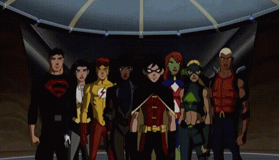 A Group Of Young Justice Characters Are Posing For A Picture Together GIF