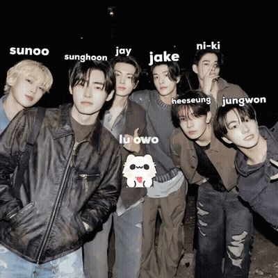 A Group Of Young Men Are Posing For A Picture With The Names Sunghoon Jay Jake Heeseung And Jungwon GIF