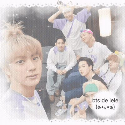 A Group Of Young Men Are Posing For A Picture With The Words Bts De Lele On The Bottom GIF