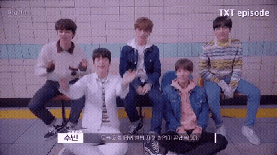 A Group Of Young Men Are Posing For A Picture With The Words ' Txt Episode ' On The Bottom Left GIF