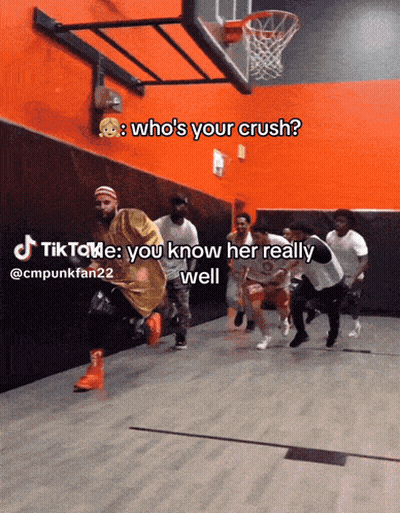 A Group Of Young Men Are Running On A Basketball Court With A Caption That Says Who 'S Your Crush GIF