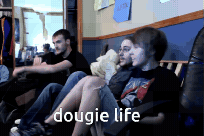 A Group Of Young Men Are Sitting On A Couch With The Words Dougie Life Written On The Bottom GIF