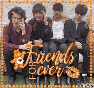 A Group Of Young Men Are Sitting On A Couch With The Words Friends Forever Written On The Bottom GIF