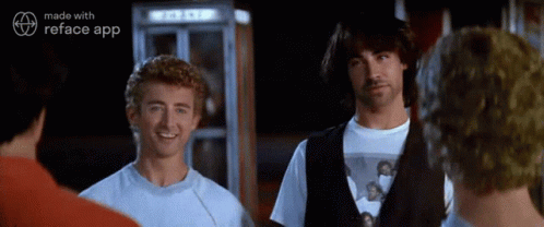 A Group Of Young Men Are Standing In Front Of A Phone Booth With The Words Made With Reface App On The Bottom Right GIF