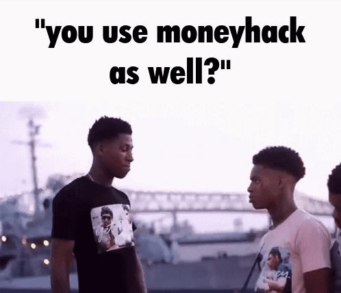A Group Of Young Men Are Standing Next To Each Other With The Words " You Use Moneyhack As Well " Above Them GIF