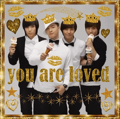 A Group Of Young Men Holding Ice Cream Cones With The Words You Are Loved In Gold GIF