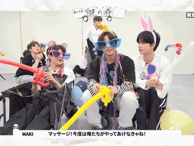 A Group Of Young Men Wearing Sunglasses And Bunny Ears Are Sitting Next To Each Other With Maki Written On The Bottom Ri GIF