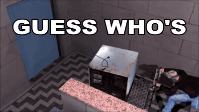 A Guess Who 'S Poster With A Man Standing In Front Of A Microwave GIF