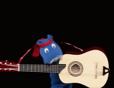 A Guitar Is Being Held By A Blue And Red Sock GIF