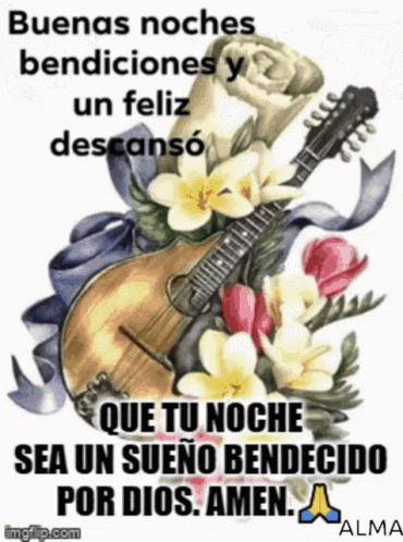 A Guitar Is Surrounded By Flowers And Ribbons And Says Buenas Noches Bendiciones Y Un Feliz Descanso GIF