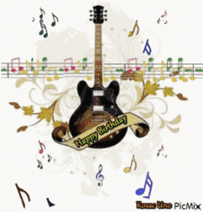 A Guitar With A Banner That Says Happy Birthday On It GIF