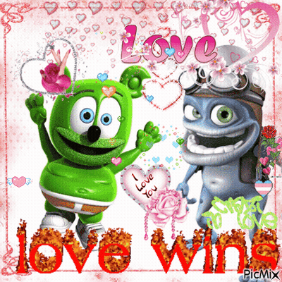 A Gummy Bear And A Frog Are On A Pink Background With The Words Love Win GIF