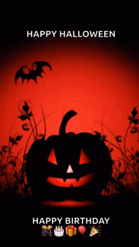 A Halloween Background With A Pumpkin And Bats And The Words Happy Halloween Happy Birthday GIF
