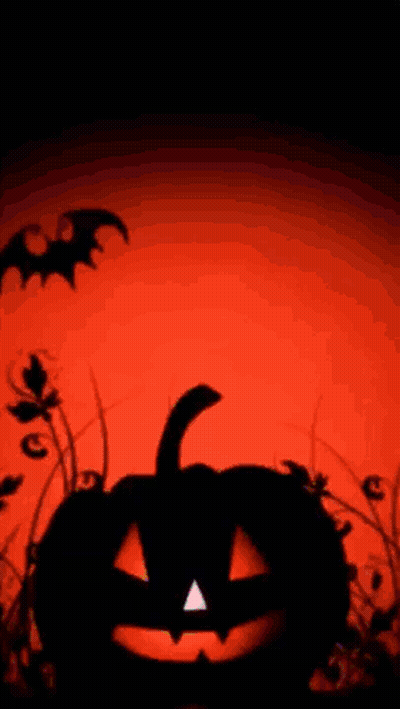 A Halloween Background With A Pumpkin And Bats Flying In The Sky . GIF