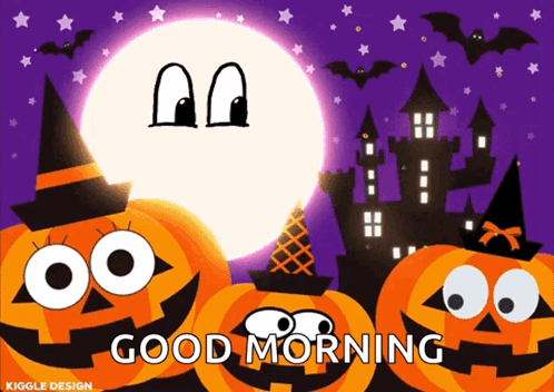 A Halloween Greeting Card Says Good Morning With Pumpkins And Bats GIF
