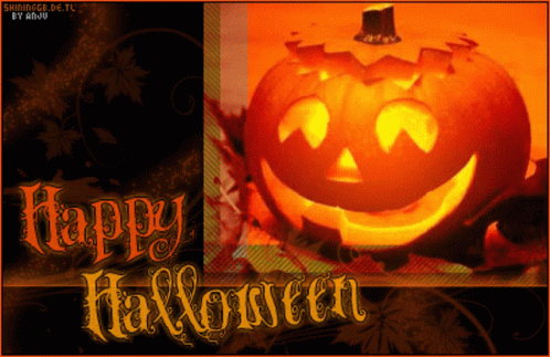 A Halloween Greeting Card With A Carved Pumpkin And The Words " Happy Halloween " GIF