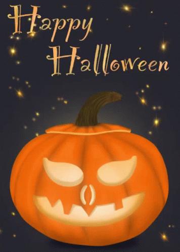 A Halloween Greeting Card With A Carved Pumpkin And The Words " Happy Halloween " GIF