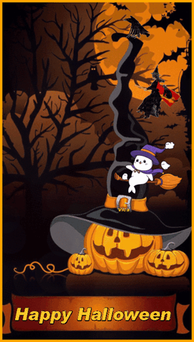 A Halloween Greeting Card With A Ghost In A Witch Hat And Pumpkins GIF