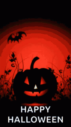 A Halloween Greeting Card With A Pumpkin And Bats GIF