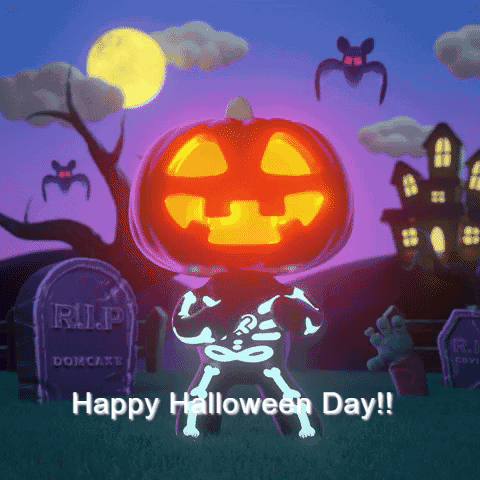 A Halloween Greeting Card With A Pumpkin Skeleton And The Words " Happy Halloween Day " GIF