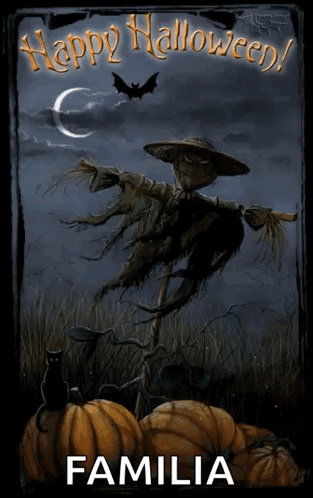 A Halloween Greeting Card With A Scarecrow And Pumpkins And The Name Familia On The Bottom GIF