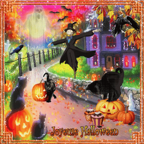 A Halloween Greeting Card With A Scarecrow Pumpkins And Black Cats GIF