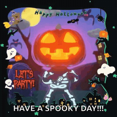 A Halloween Greeting Card With A Skeleton And A Pumpkin And The Words " Have A Spooky Day " GIF