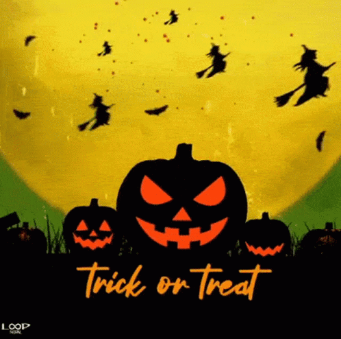 A Halloween Greeting Card With Pumpkins And Witches And The Words Trick Or Treat GIF