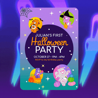 A Halloween Party Invitation For Julian 'S First Birthday GIF