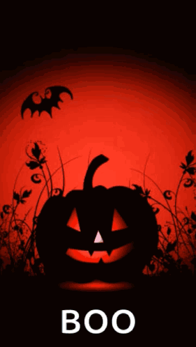A Halloween Poster With A Pumpkin And Bats And The Word Boo Below It GIF
