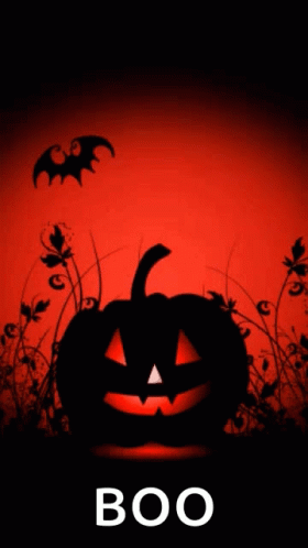 A Halloween Poster With A Pumpkin And Bats And The Words Boo GIF