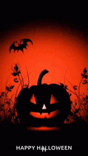 A Halloween Poster With A Pumpkin And Bats And The Words Happy Halloween GIF