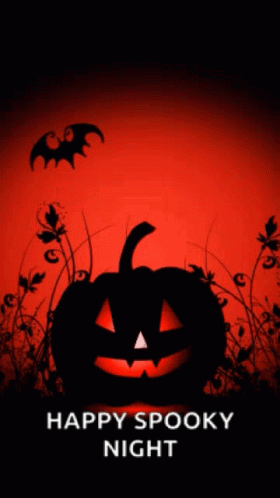 A Halloween Poster With A Pumpkin And Bats And The Words Happy Spooky Night GIF