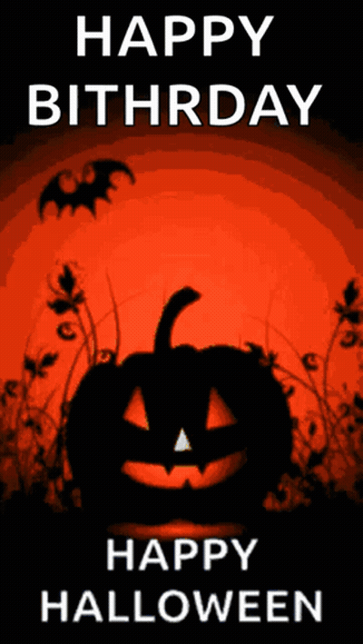 A Halloween Poster With A Pumpkin And Bats Says Happy Bithrday Happy Halloween GIF