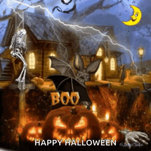 A Halloween Scene With A Bat And A Pumpkin That Says Boo On It GIF