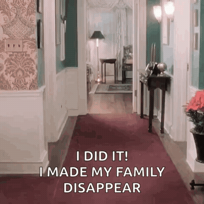 A Hallway With A Red Carpet And The Words I Did It ! I Made My Family Disappear . GIF