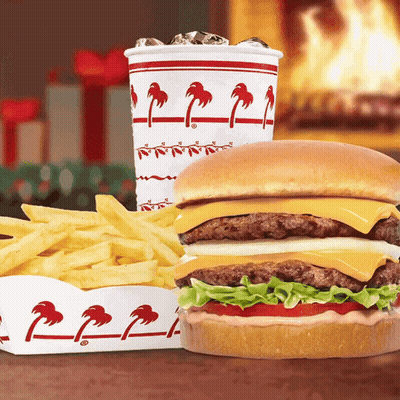 A Hamburger And French Fries Next To A Cup That Says ' In N Out ' GIF