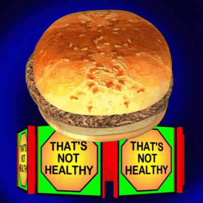 A Hamburger Is Sitting On Top Of Two Boxes That Say That 'S Not Healthy GIF