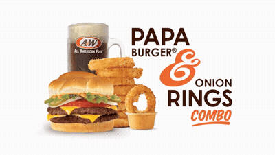 A Hamburger Onion Rings And A Cup Of A&w Soda GIF