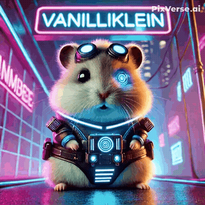A Hamster In A Futuristic Outfit With A Neon Sign That Says Vanilla Klein GIF