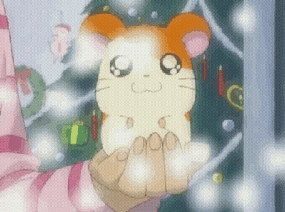 A Hamster Is Sitting In A Person 'S Hand In Front Of A Christmas Tree . GIF