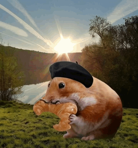 A Hamster Wearing A Black Hat Is Holding A Croissant GIF
