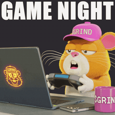 A Hamster Wearing A Hat That Says Grind Is Playing A Video Game On A Laptop GIF
