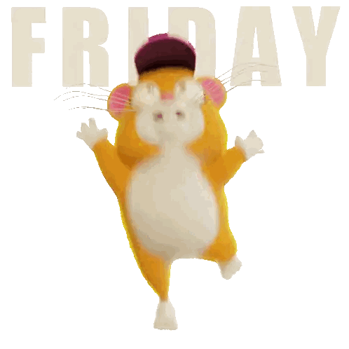 A Hamster Wearing A Pink Hat Is Jumping In The Air With The Word Friday Behind It Sticker