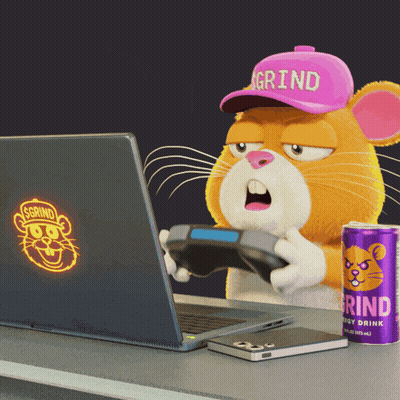 A Hamster Wearing A Pink Hat That Says Grind Is Playing A Video Game GIF