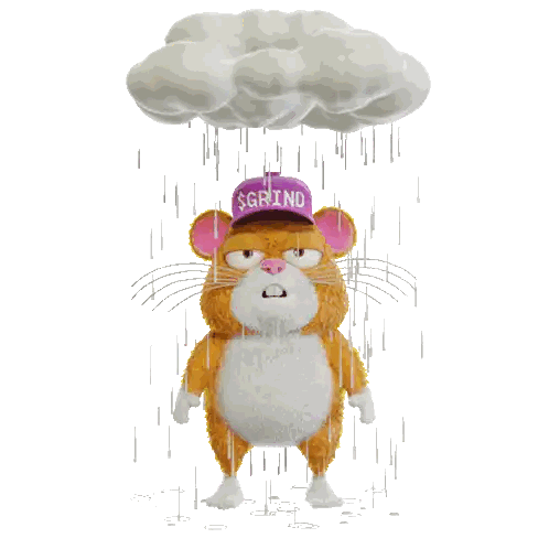 A Hamster Wearing A Purple Hat That Says Grind Is Standing In The Rain Sticker