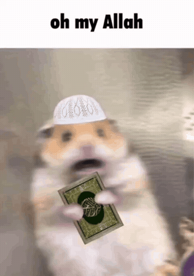 A Hamster Wearing A White Hat And Holding A Book With The Words Oh My Allah Above It GIF